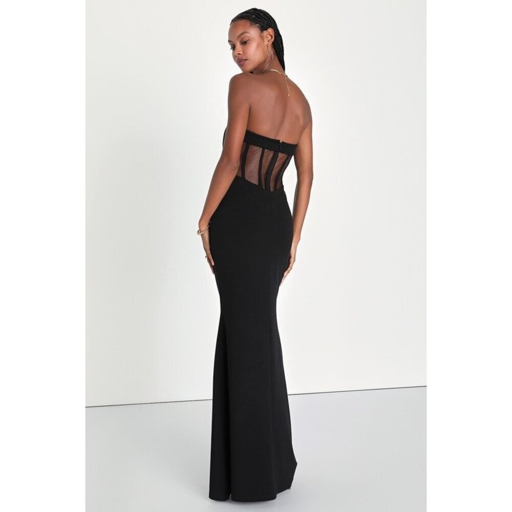 NWT Lulus Iconic Arrival Black Strapless Bustier Mermaid Maxi Dress - Size M